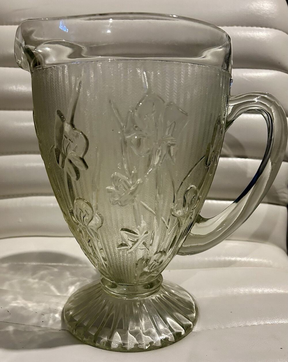 Vintage Jeanette Iris & Herringbone Glass Footed Pitcher - 1920s
